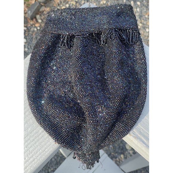 Antique Vintage 20th C.  Dark Iridescent Beaded Flapper Art Deco Glass Purse Bag - Picture 3 of 16